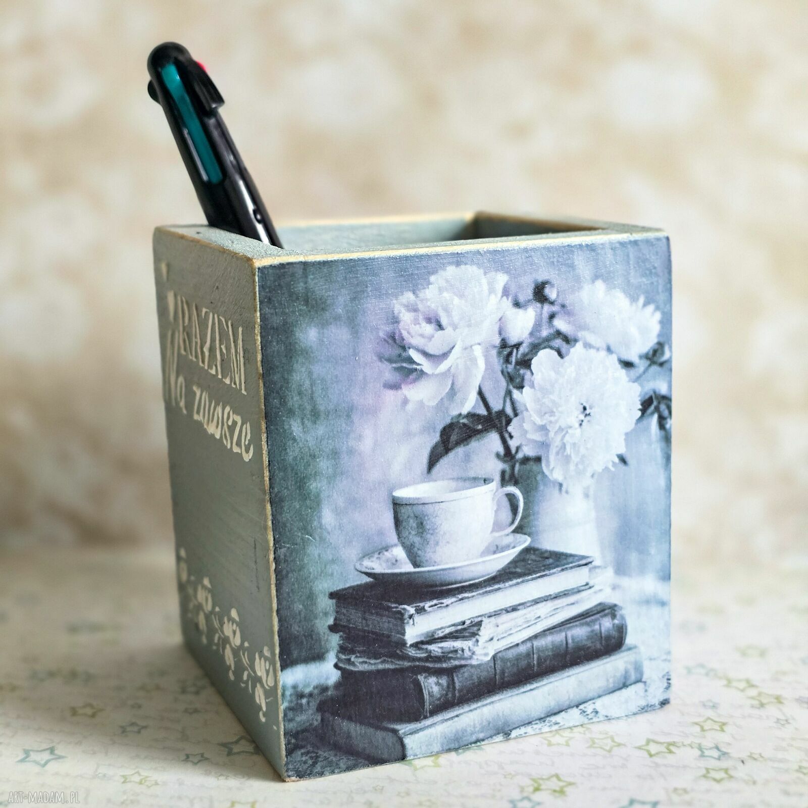 Romantyczny drewniany przybornik na długopisy „Razem na zawsze” handmade
