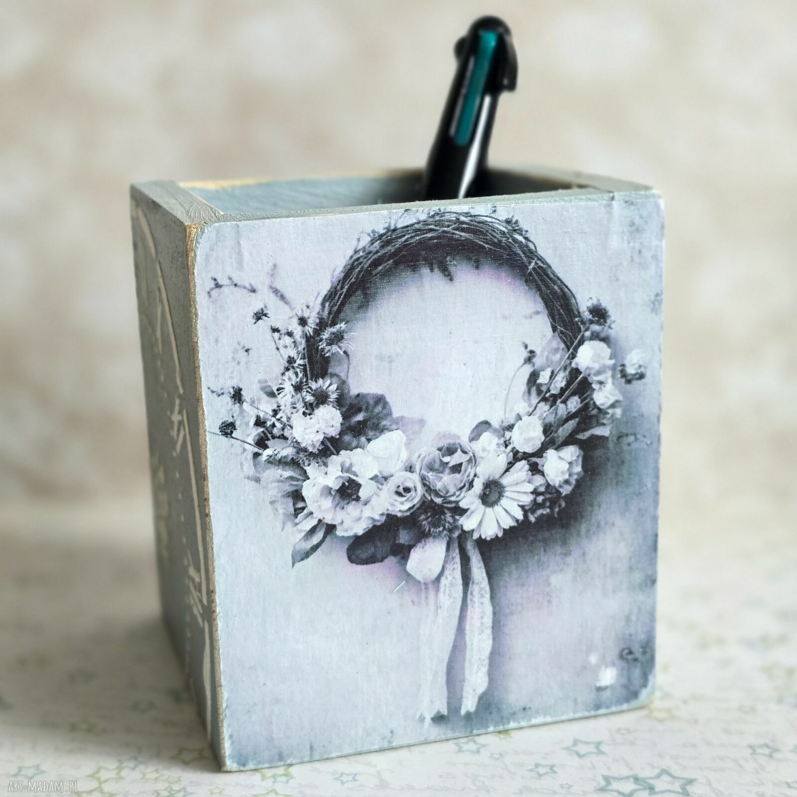 Romantyczny drewniany przybornik na długopisy „Razem na zawsze” (handmade)