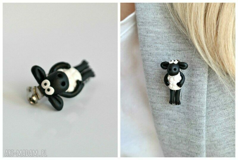 Broszka - przypinka Baranek Shaun z modeliny Fimo - ręcznie robiona