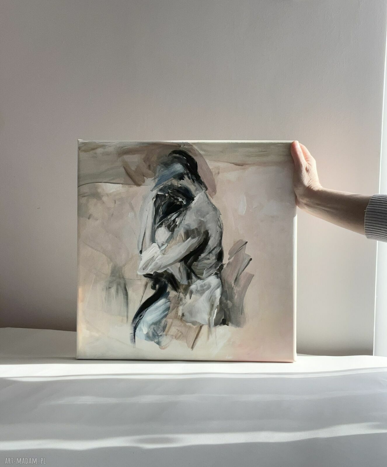 Przytul - obraz 40x40 do sypialni (mężczyzna-kobieta) - pastelowa para gotowa do powieszenia