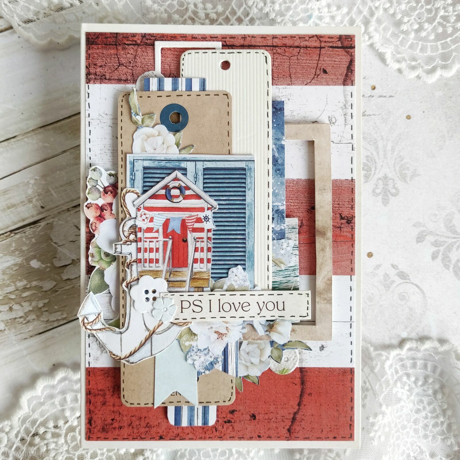 Kartka PS I love you z koronką i kwiatami - handmade