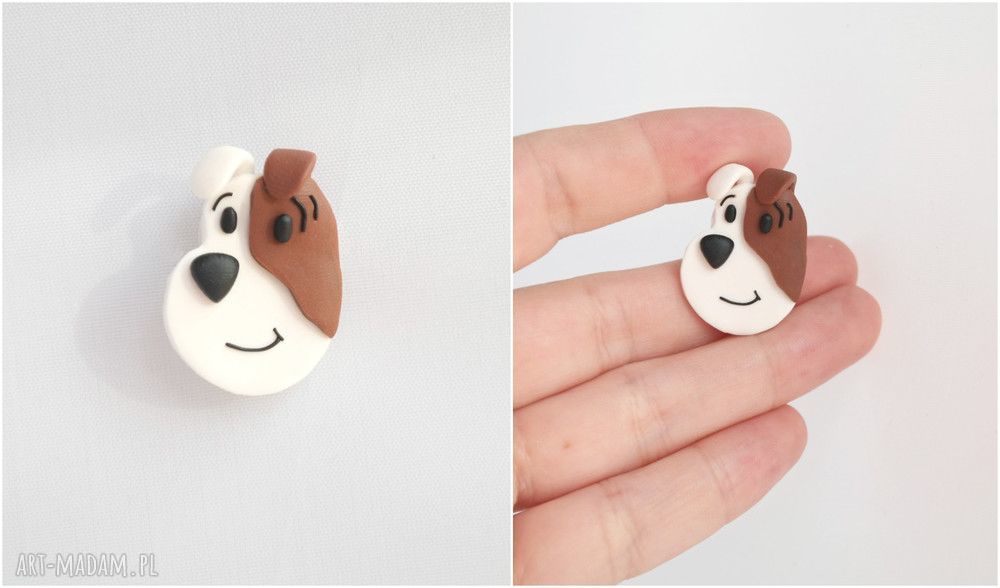Broszka Reksio z modeliny Fimo ręcznie ulepiona biżuteria