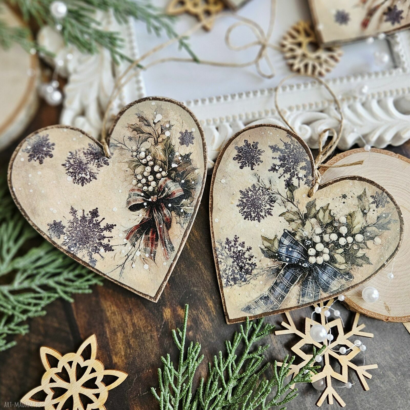 prezent święta: Zimowe serduszka z pieskami zestaw 5 ozdób choinkowych decoupage