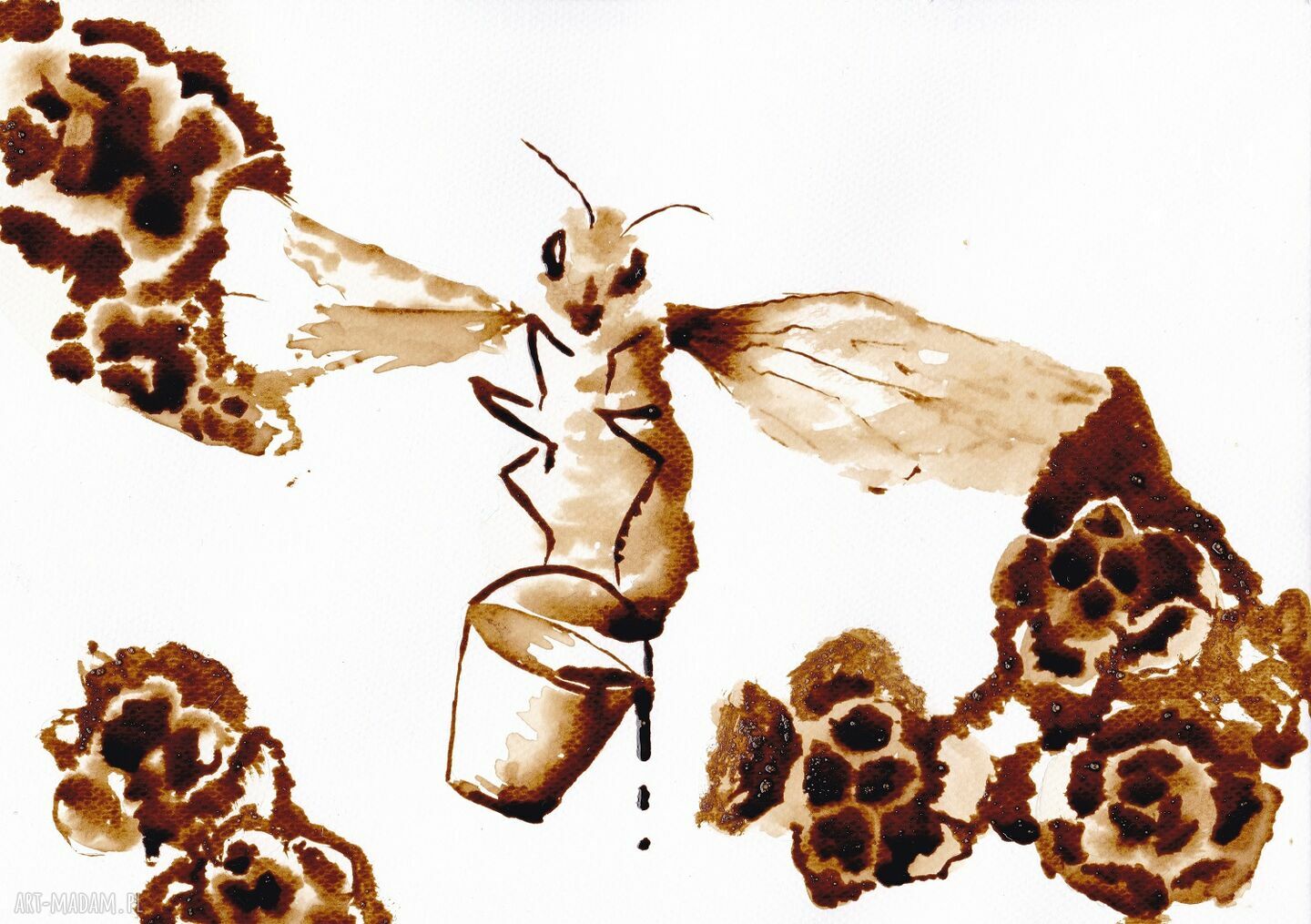 obrazy: Pszczółka z wiadrem miodu obraz kawą malowany autorskie