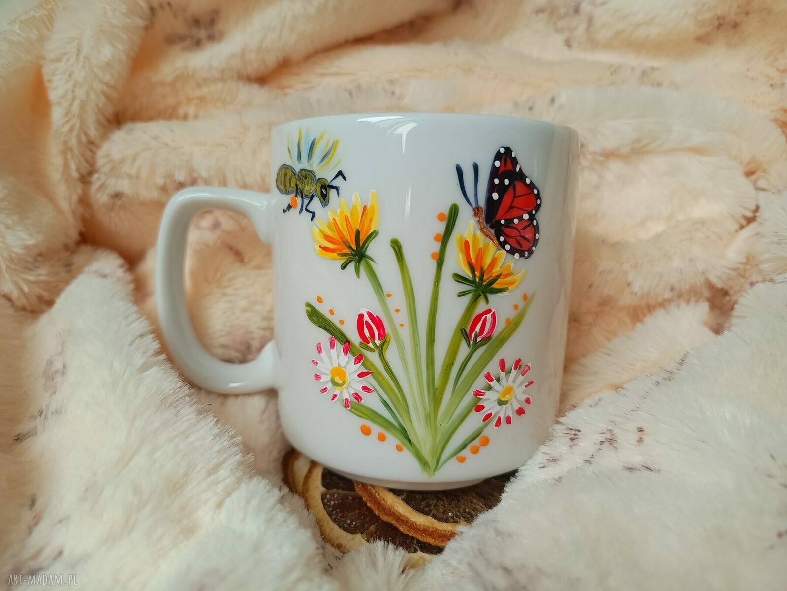 Ręcznie malowany kubek 270 ml - pszczółki, motylki, biedronka i mrówka