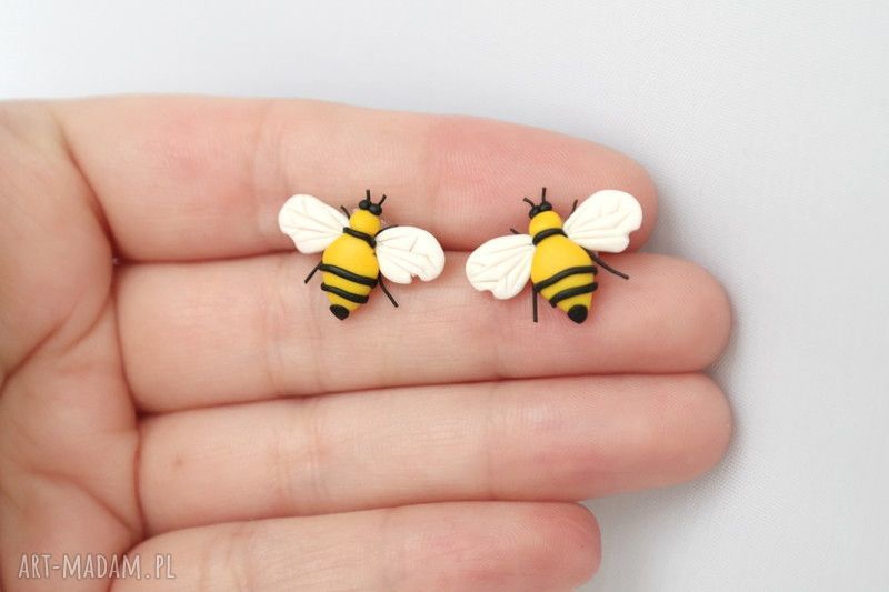 Kolczyki wkręty Pszczoły designerskie urocze owady z modeliny Fimo i stali chirurgicznej