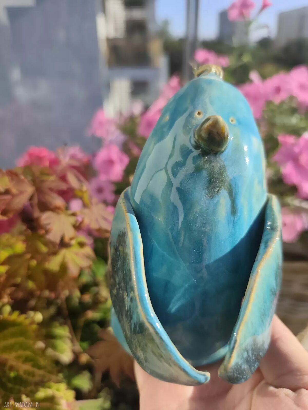 Turkusowy ptak ceramiczny do doniczki