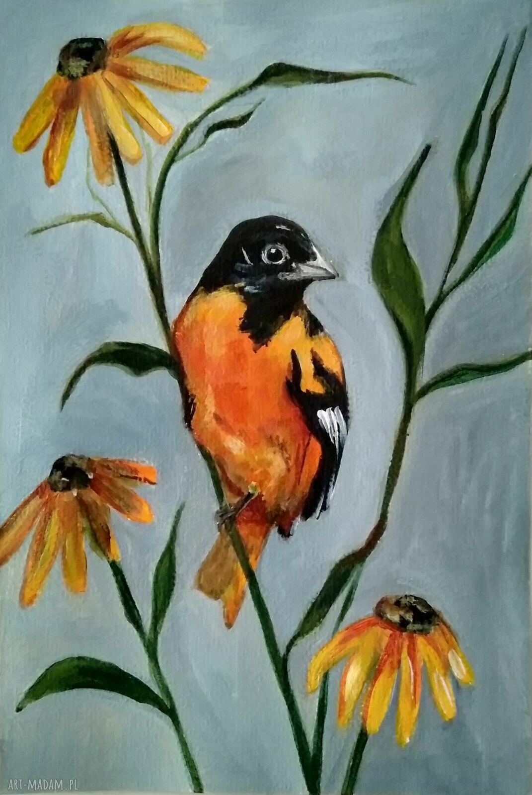 Ptak i kwiaty - obraz ręcznie malowany tempera/akryl 16 x 24 cm