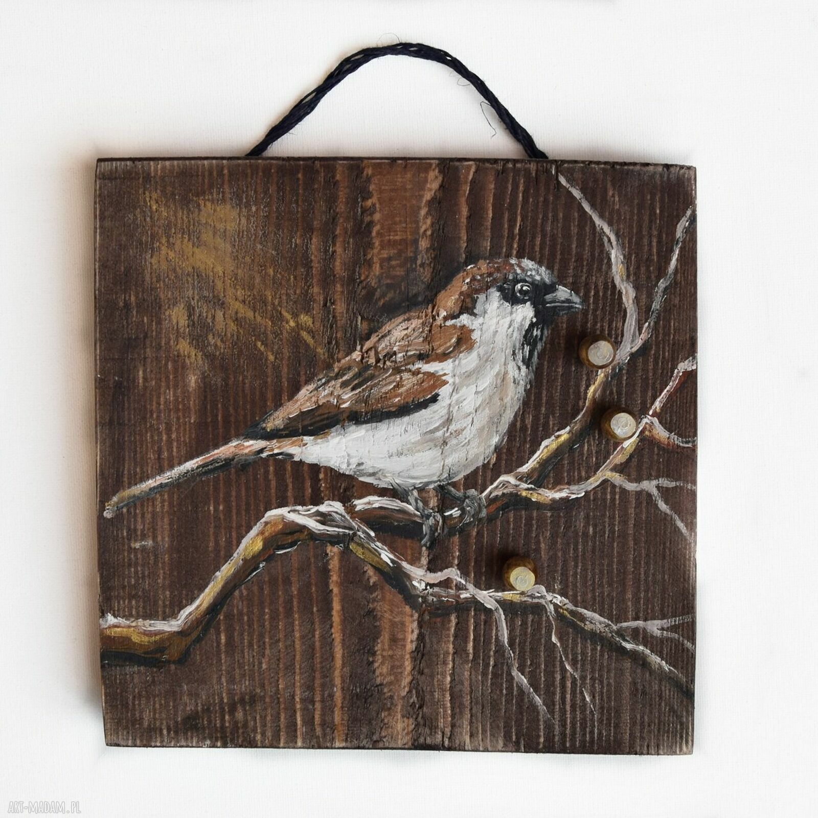 Ptak Wróbel - obraz malowany na desce 20x20 cm