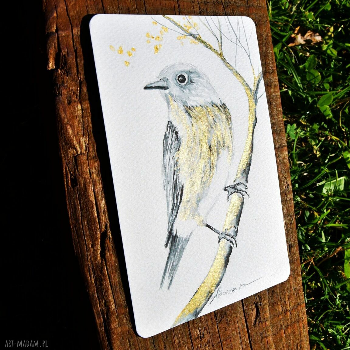 Ptaki - komplet 3 akwareli miniatur ze złotem (10x15 cm)