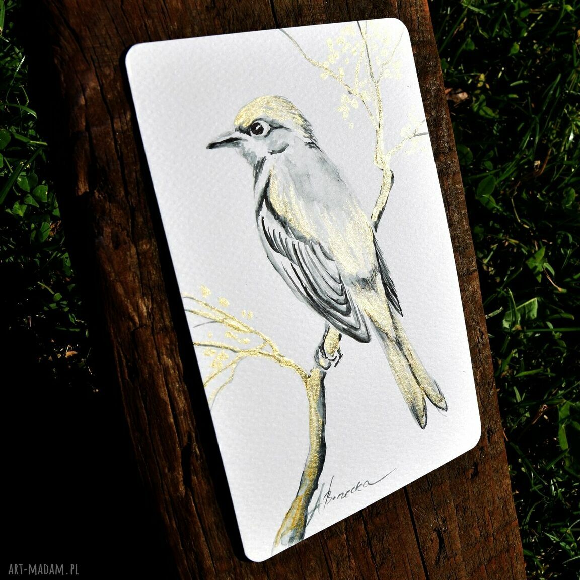 Ptaki - komplet 3 akwareli miniatur ze złotem (10x15 cm)