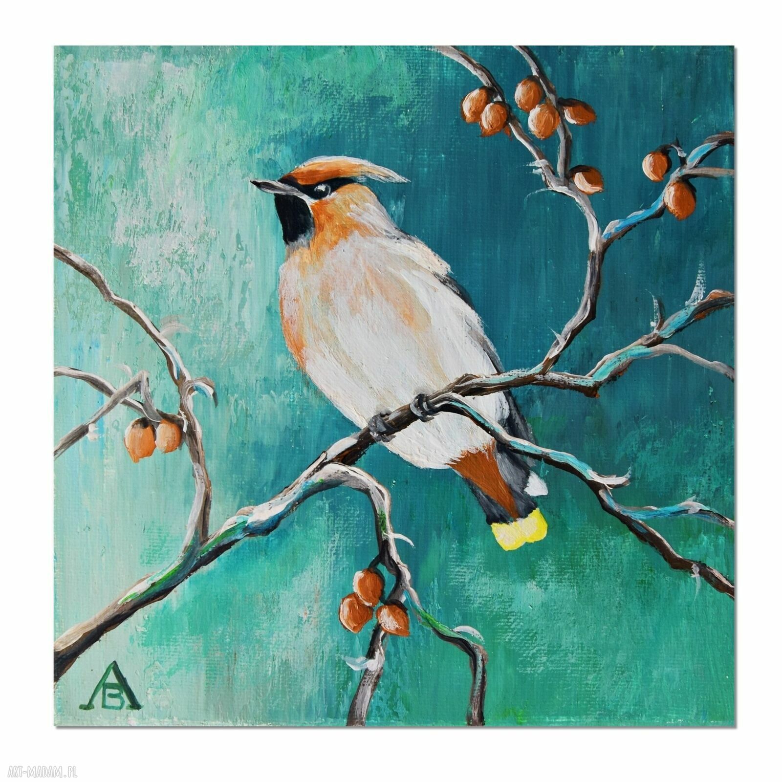 Jemiołuszka - obraz ręcznie malowany akryl na płótnie 20x20 cm
