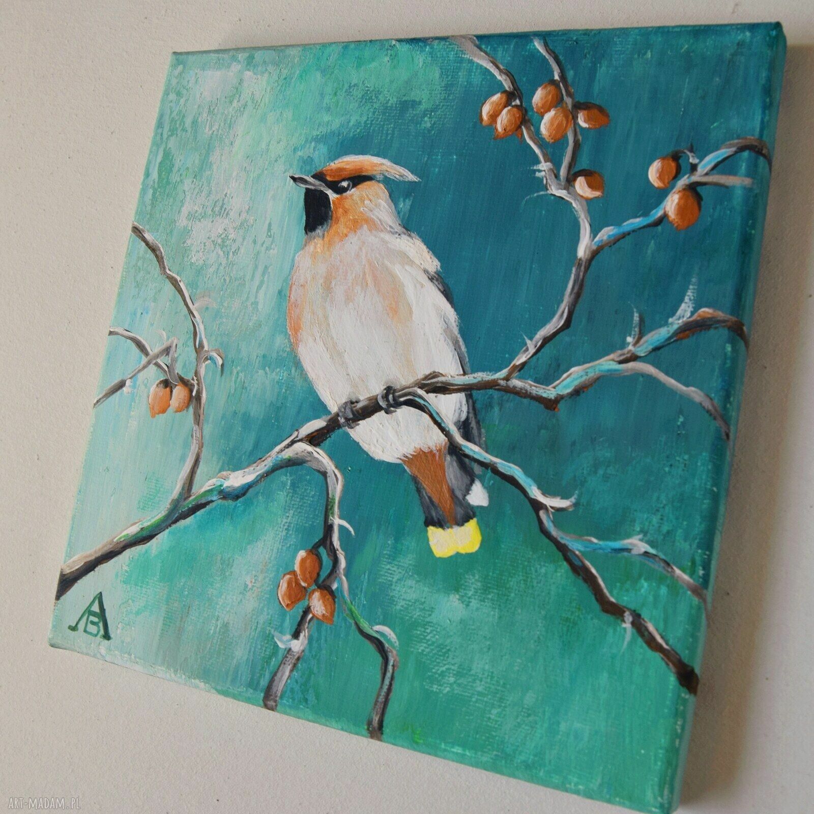 Jemiołuszka - obraz ręcznie malowany akryl na płótnie 20x20 cm