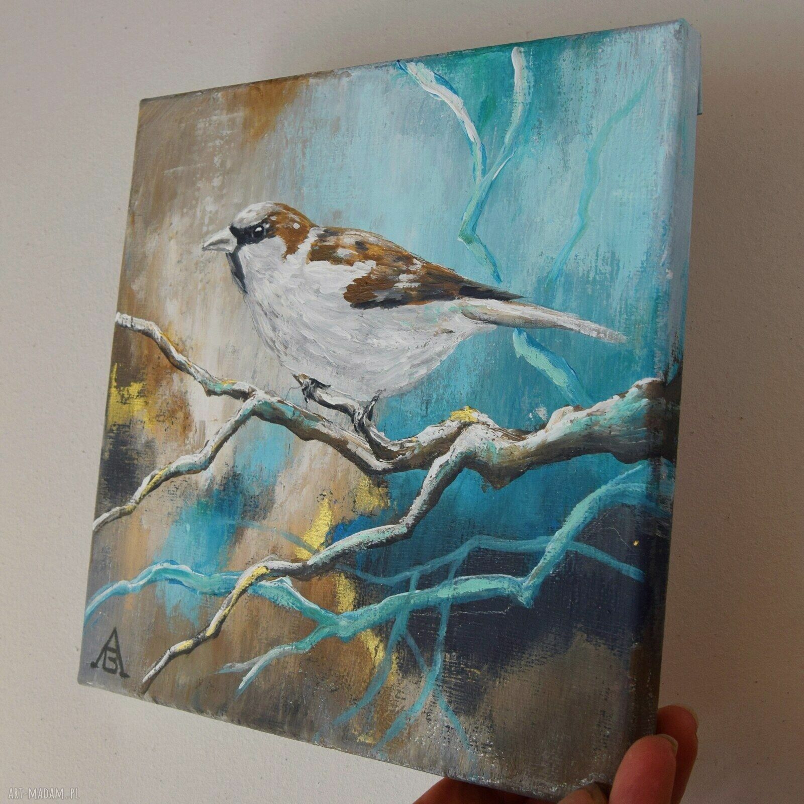 Ptaki polskie - wróbel: obraz ręcznie malowany 20x20 cm