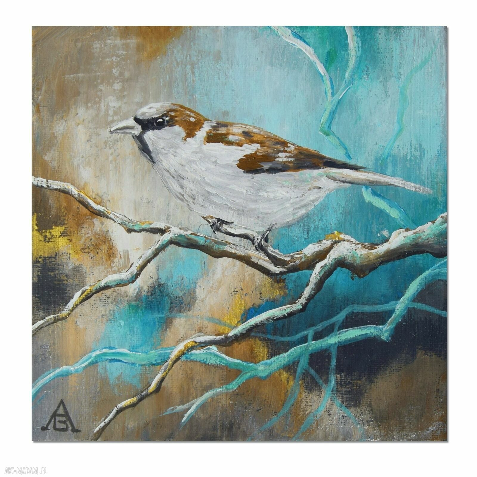 Ptaki polskie - wróbel: obraz ręcznie malowany 20x20 cm