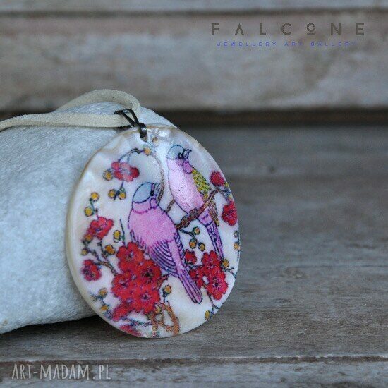 Wisiorek handmade Ptaki z masy perłowej i srebra 925 na rzemieniu - falc One