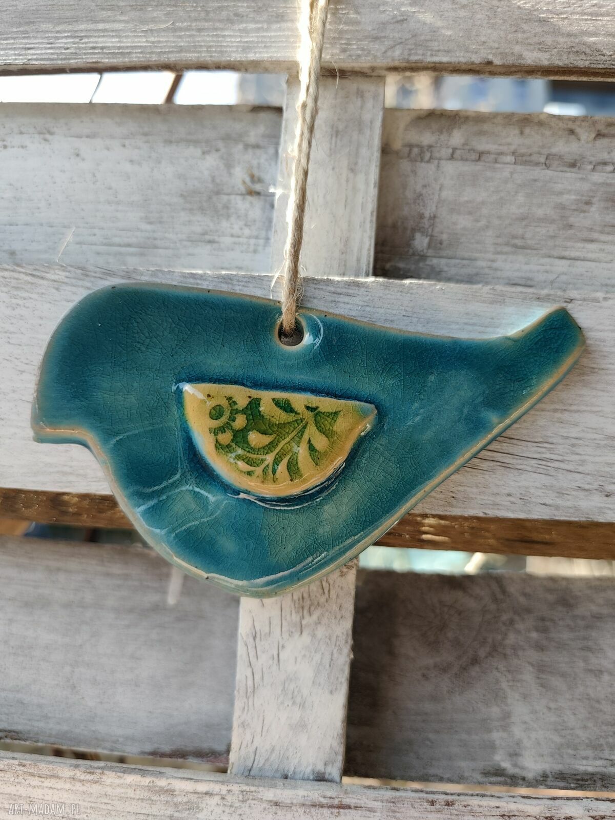 Ptaszek ceramiczny - turkusowa zawieszka handmade od Wolnej Chwili