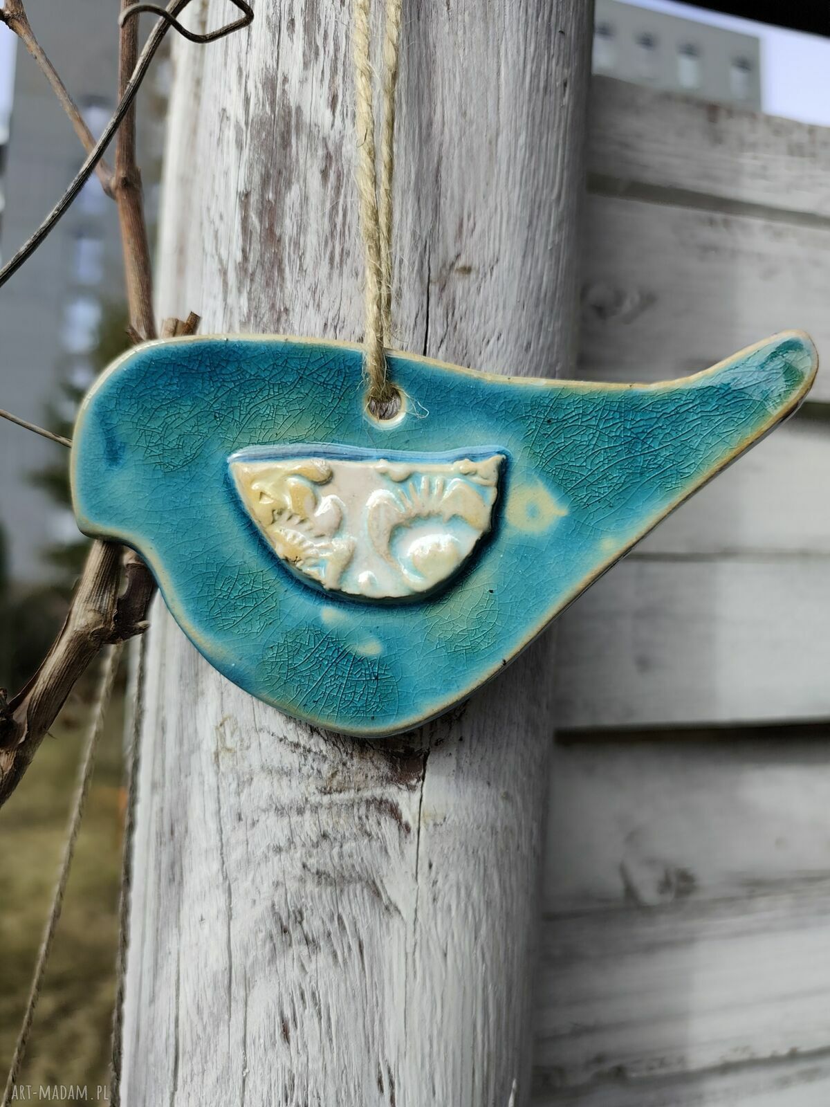 Ptaszek ceramiczny - ręcznie robiona zawieszka na balkon i do ogrodu