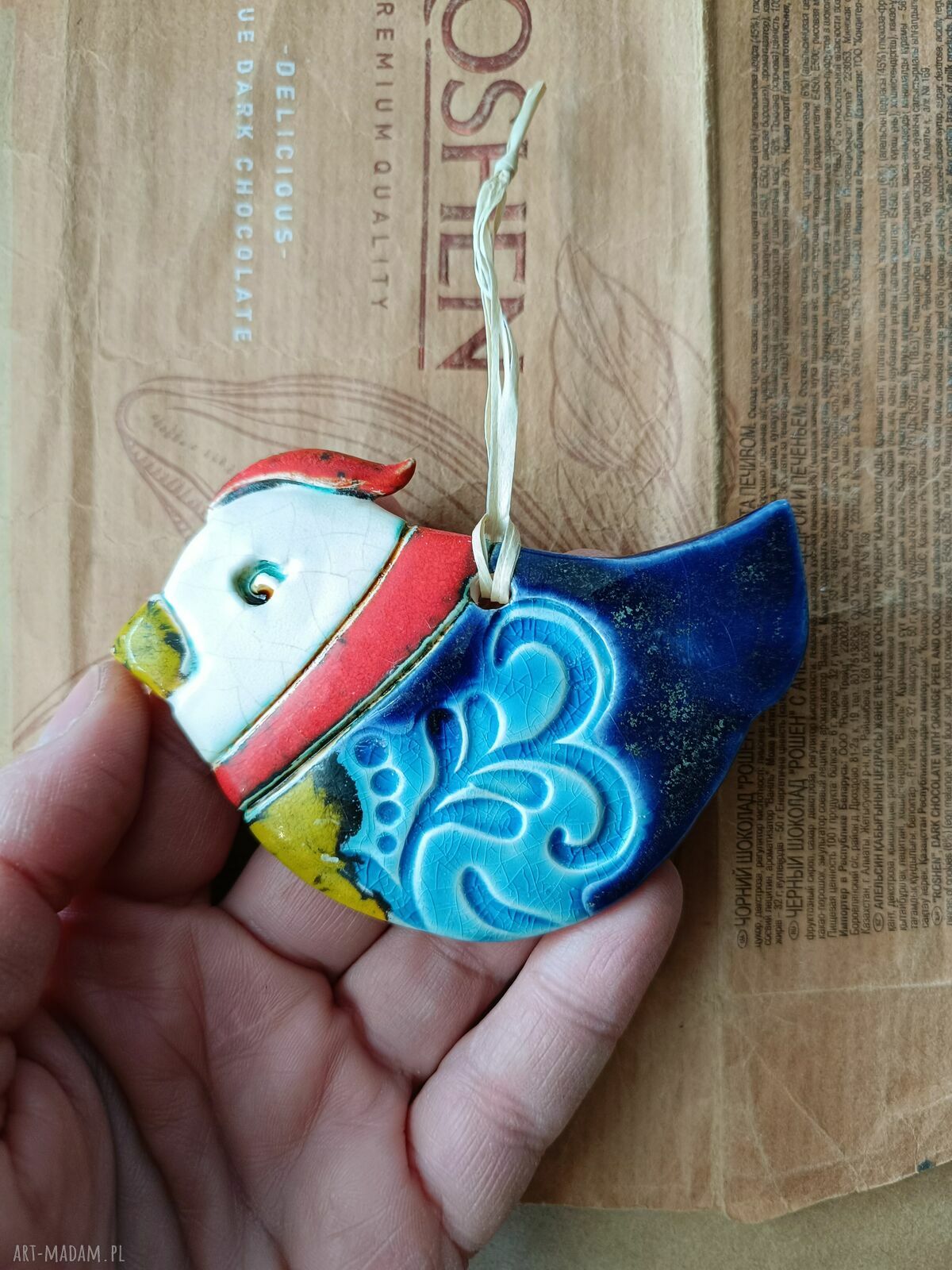 Ptaszek granatowy z żółtym brzuszkiem - ręcznie robiona dekoracja ceramiczna