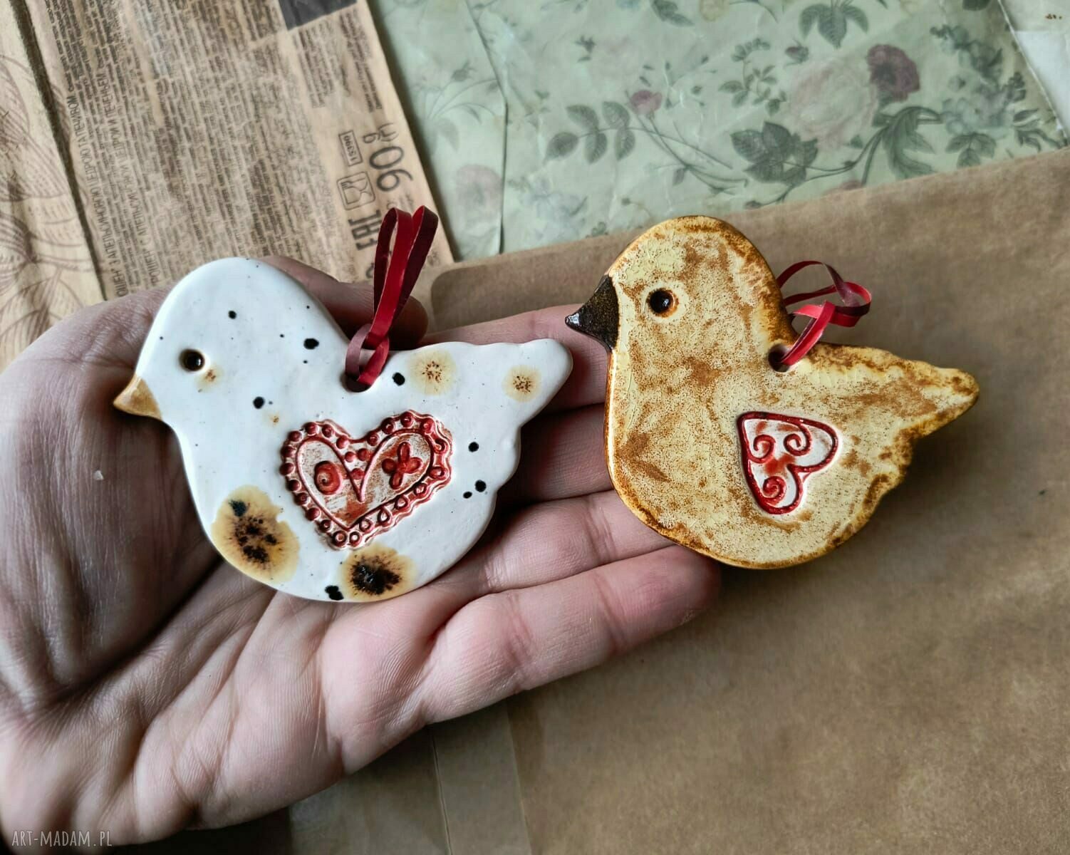 Ptaszęta beżowo-nakrapiane - ręcznie robione ceramiczne ptaszki zestaw 2 szt.