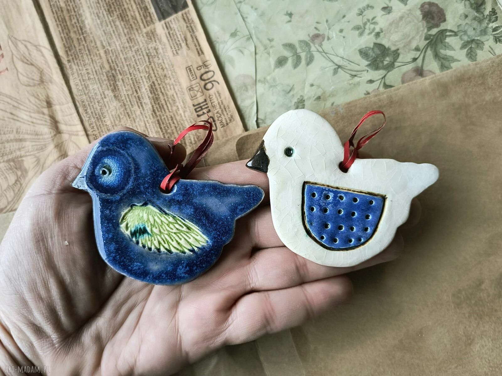 Ptaszęta biało-granatowe - ceramika handmade, zestaw 2 szt.