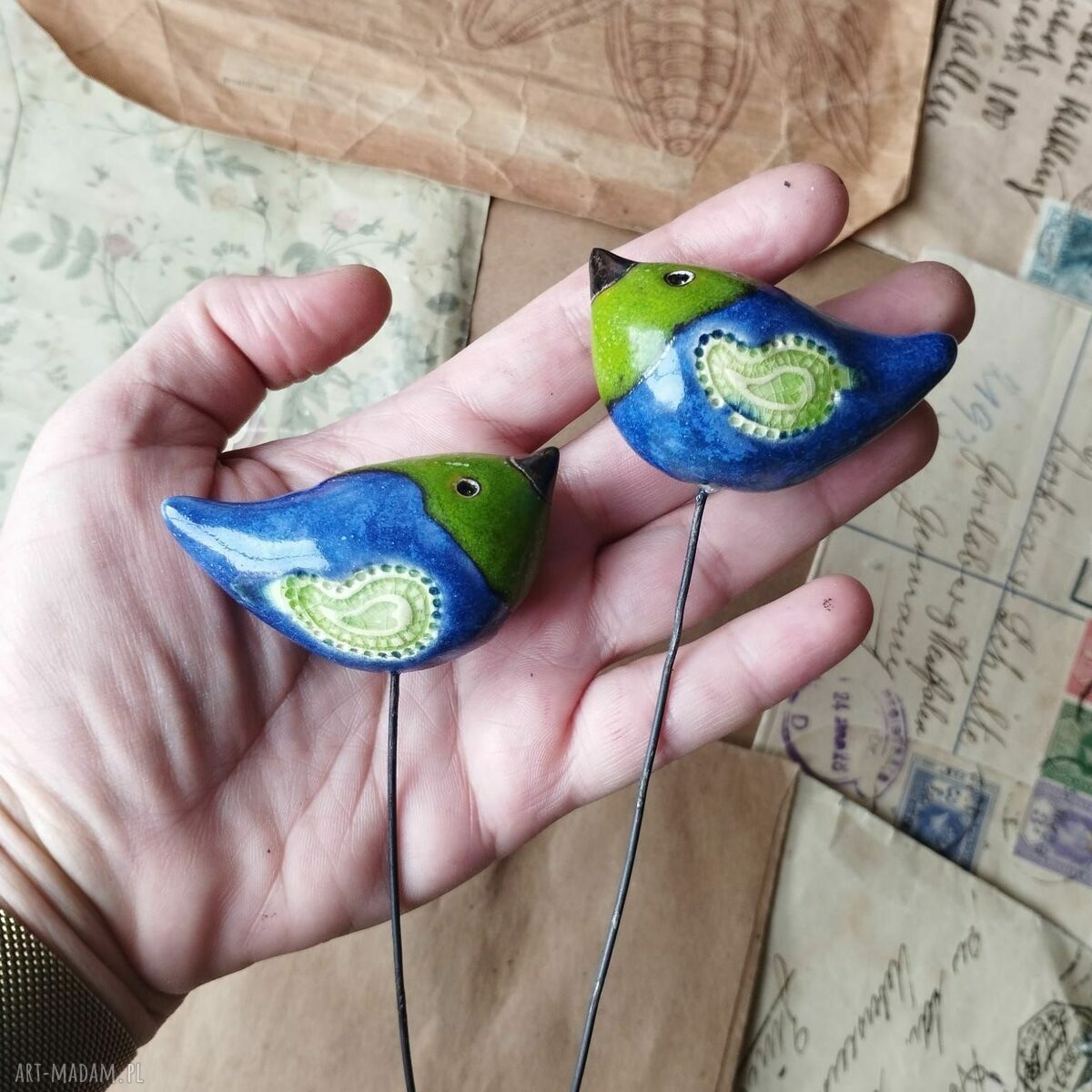 Ptaszki na piku granatowe - ceramiczny komplet handmade