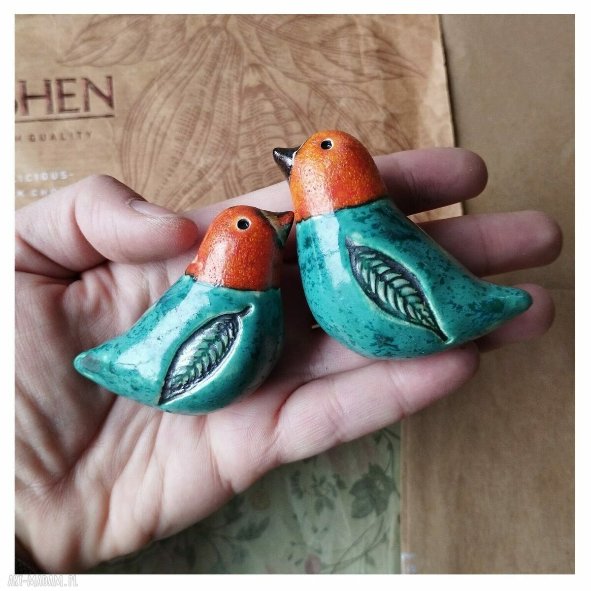 Ptaszki o pomarańczowych główkach - ceramiczny komplet handmade do postawienia