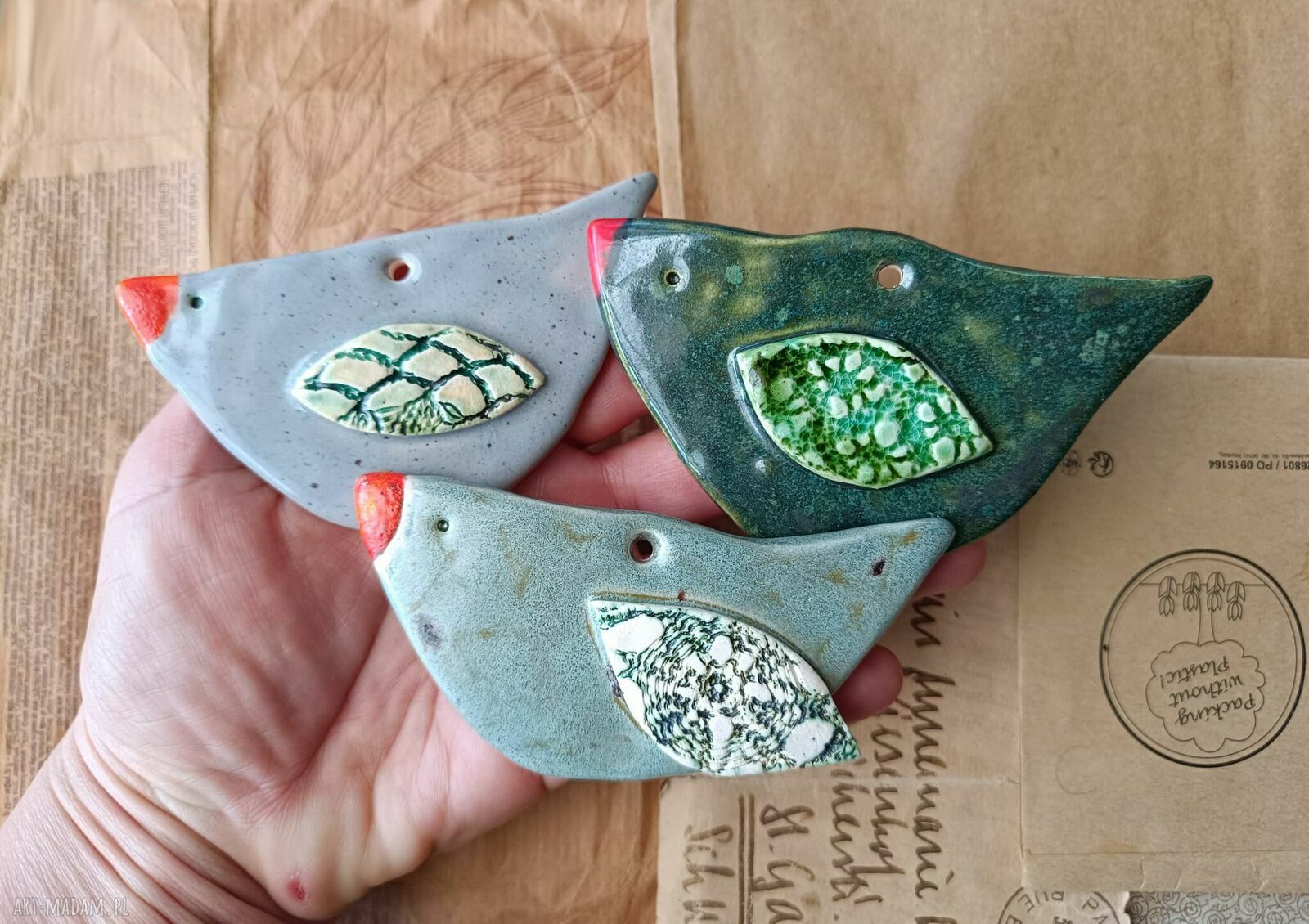 Ptaszki seledynowo-zielone - ręcznie lepiony ceramiczny zestaw 3 szt.