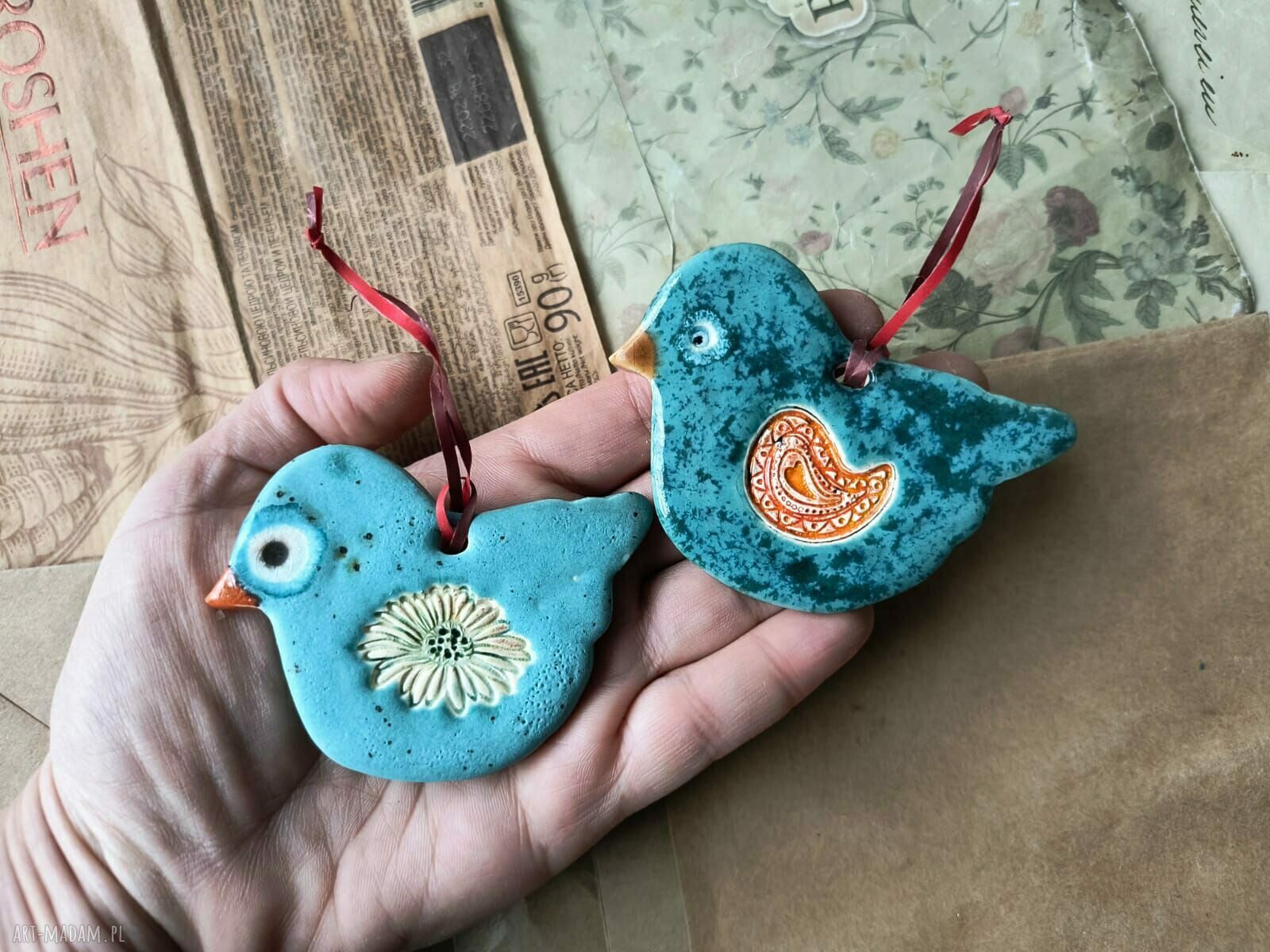 Ptaszki turkusowe nakrapiane z ceramiki handmade - zestaw do zawieszenia