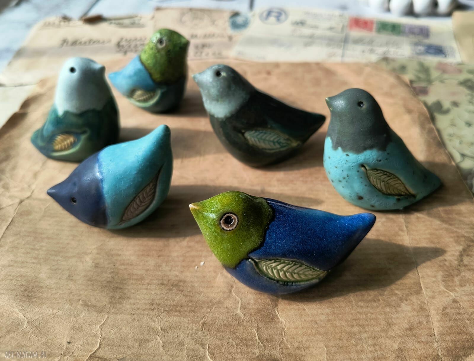 Komplet ceramicznych ptaszków w niebiesko-zielonej tonacji - 6 szt.