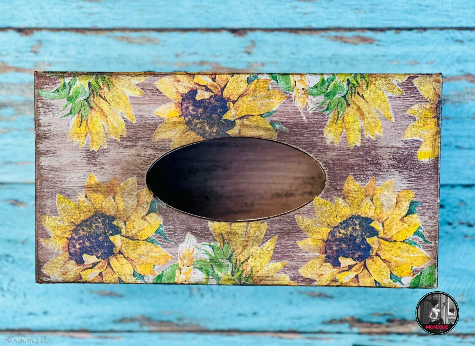 Drewniane pudełko na chusteczki Shabby Chic ze słonecznikami - prezent dla niej