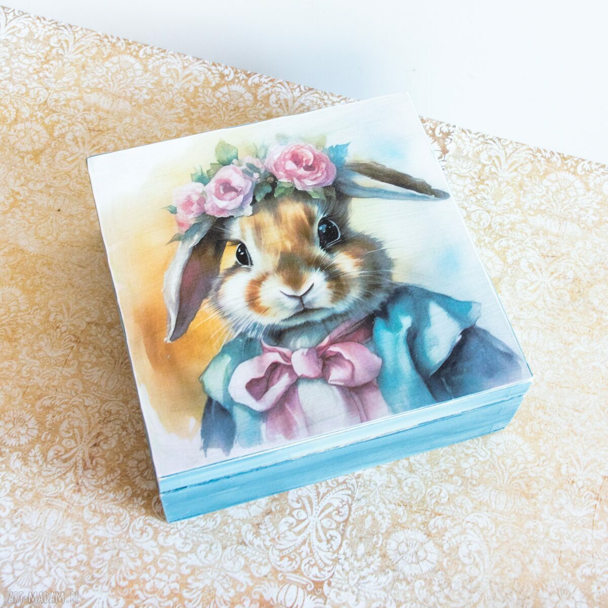 Pudełko drewniane Witaj Króliczku - Wielkanocne skarbnica z decoupage