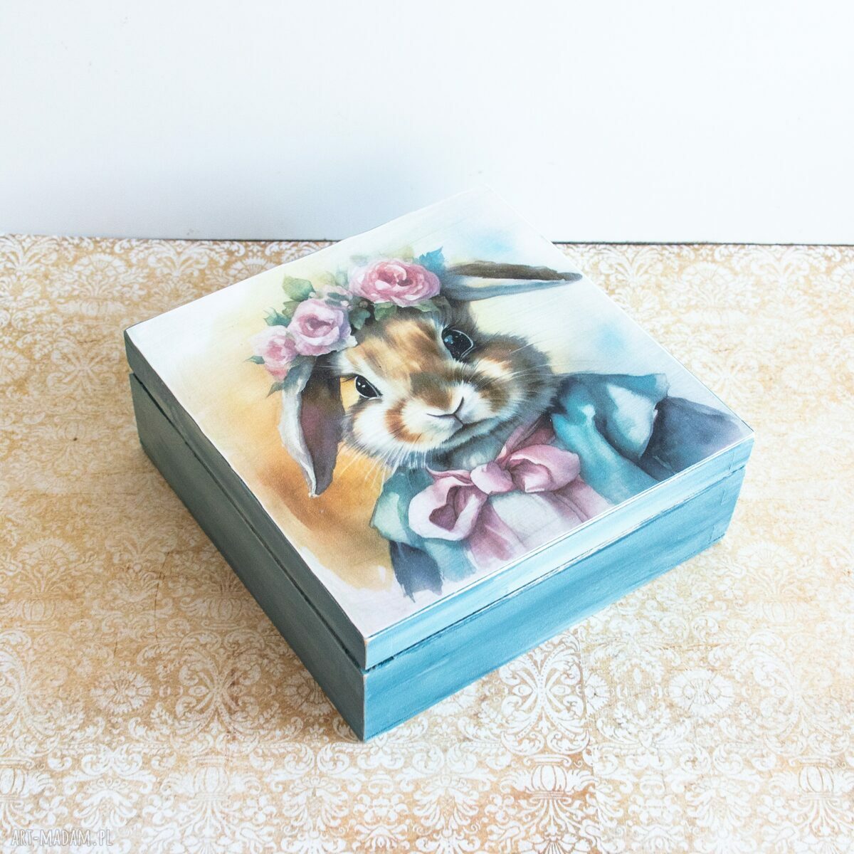 Pudełko drewniane Witaj Króliczku - Wielkanocne skarbnica z decoupage