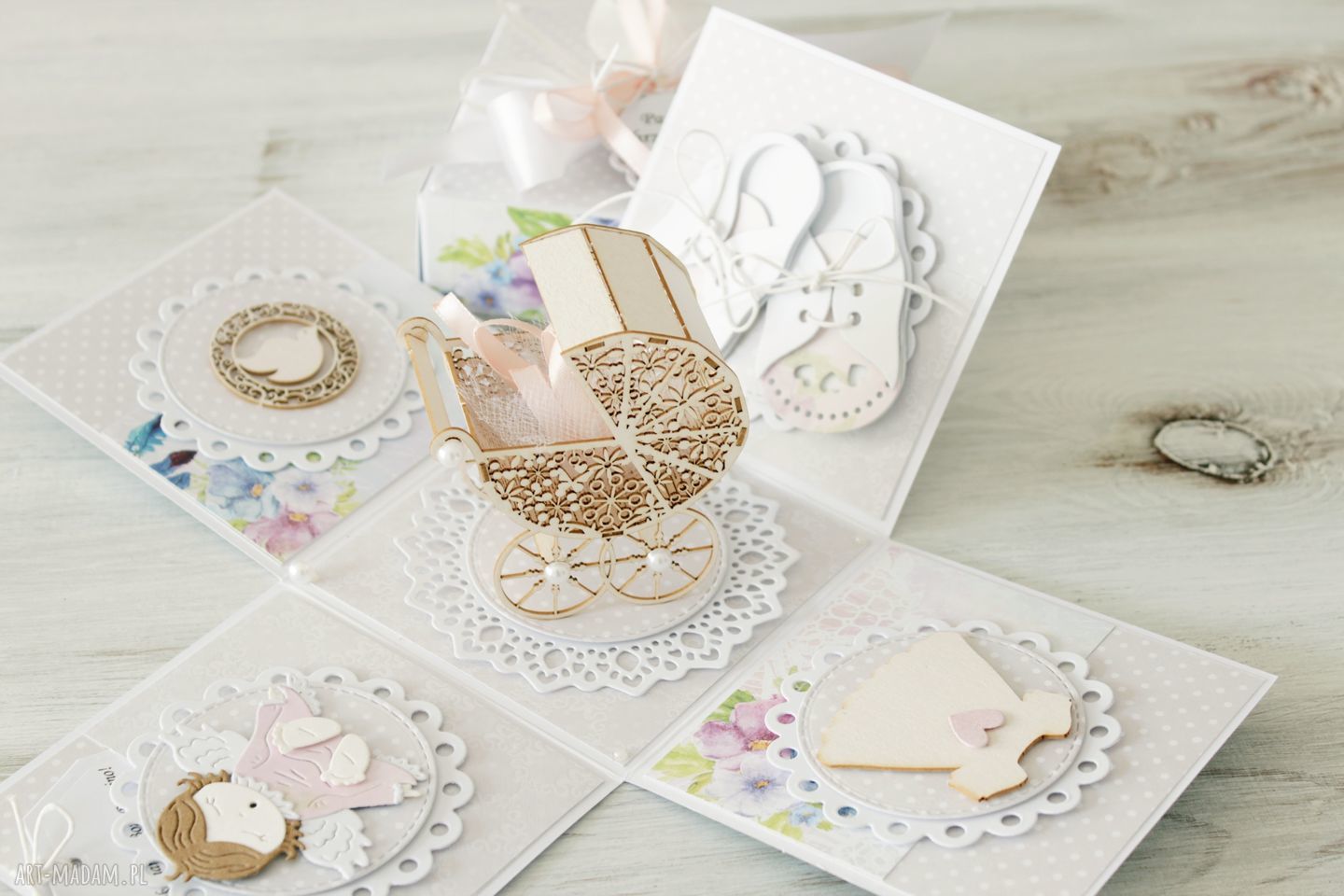 scrapbooking kartki: Pudełko eksplodujące kartka z życzeniami chrzest ręczne wykonanie