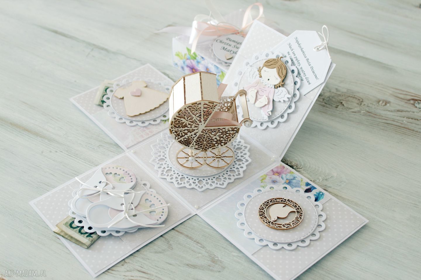 scrapbooking kartki: Pudełko eksplodujące kartka z życzeniami chrzest ręczne wykonanie