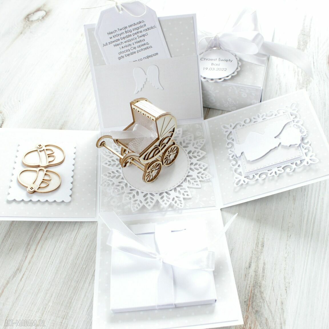 scrapbooking kartki: Pudełko kartka chrzest święty roczek prezent życzenia pamiątka HandMade