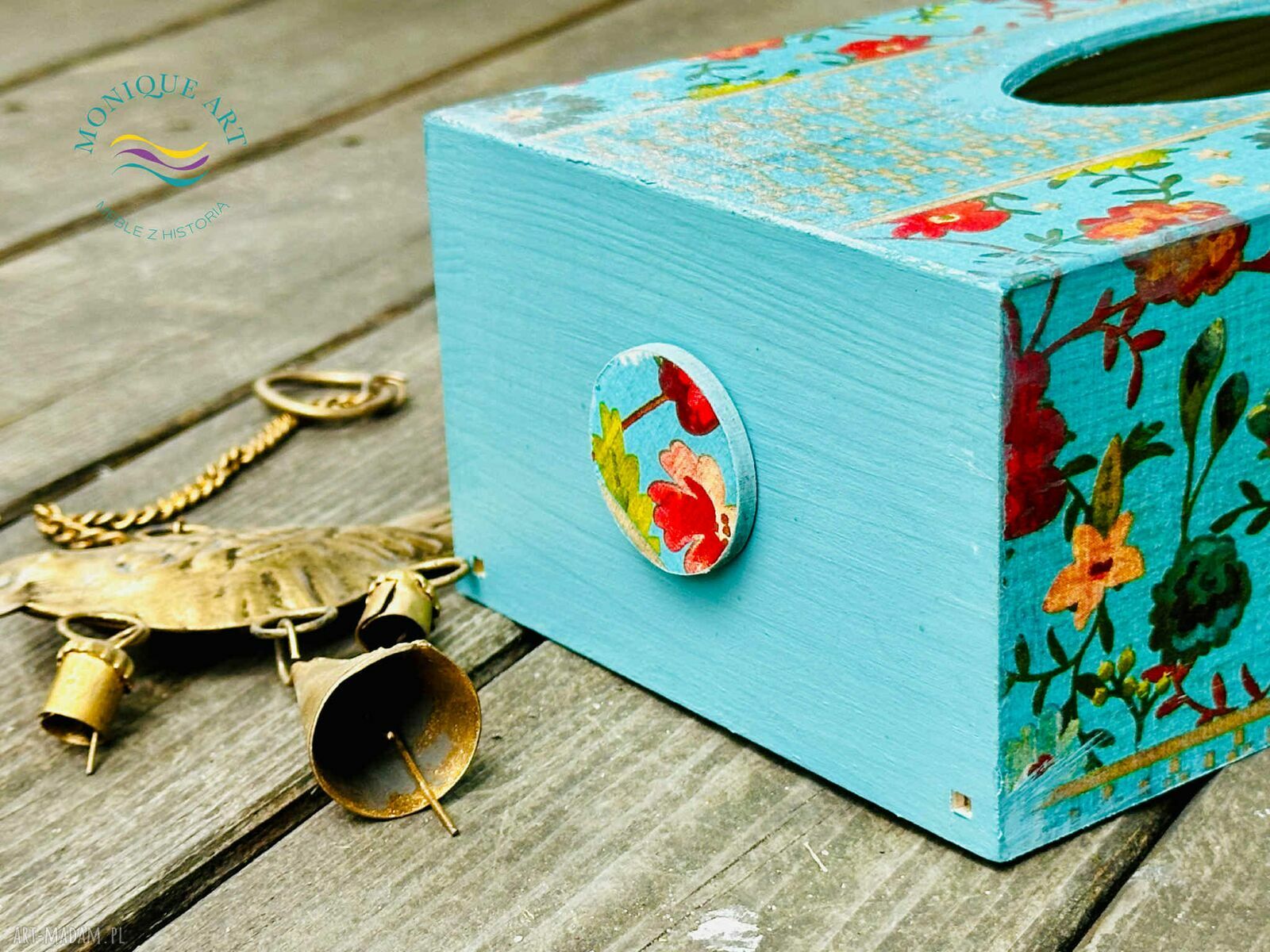 Pudełko na chusteczki w kolorach boho - drewniany organizer do domu
