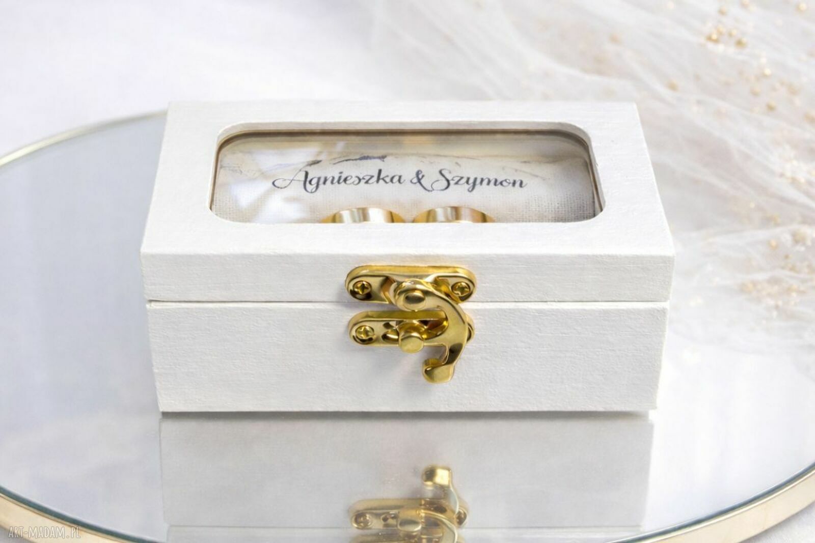 Pudełko na obrączki z personalizacją - wieniec roślinny, białe drewno dębowe 12 x 8 x 5 cm