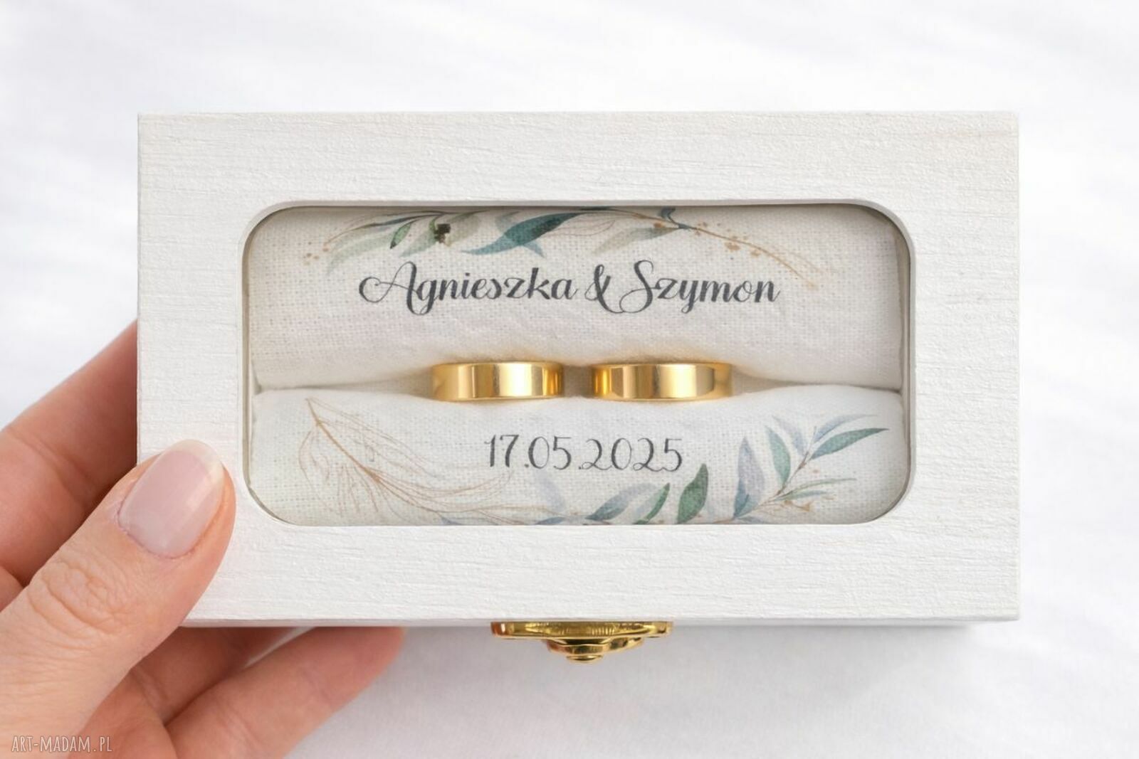 Pudełko na obrączki z personalizacją - wieniec roślinny, białe drewno dębowe 12 x 8 x 5 cm