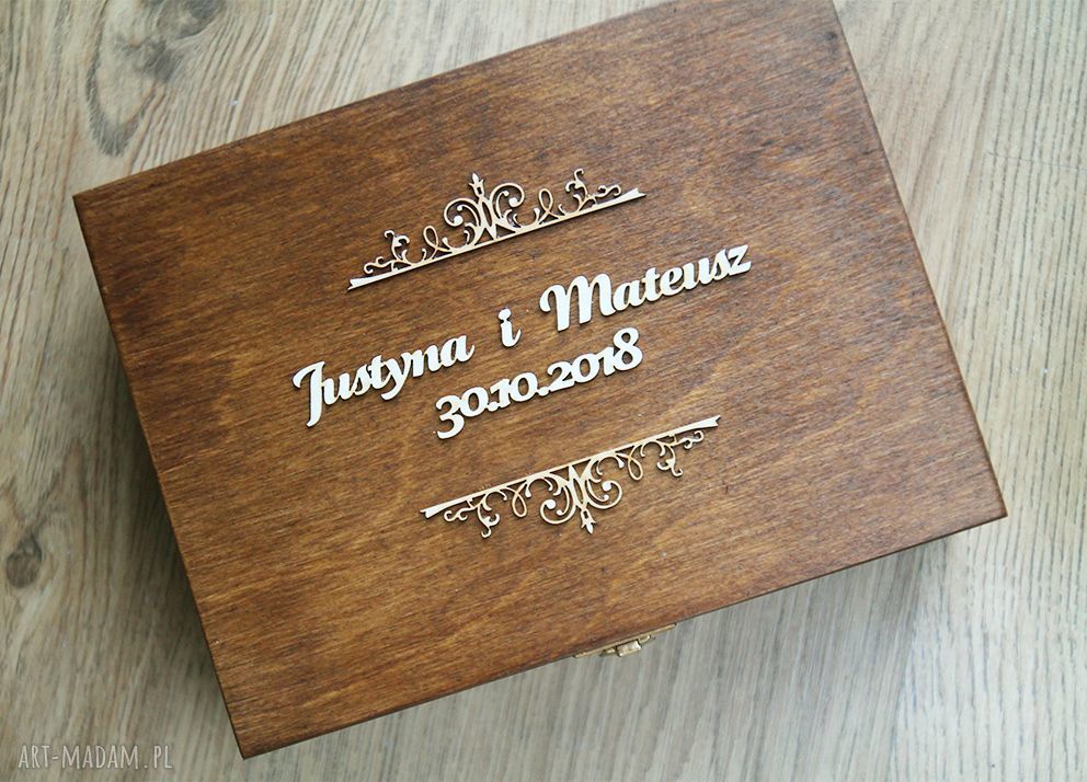 Pudełko ślubne z drewna rustykalnego na zdjęcia i pamiątki - personalizowane
