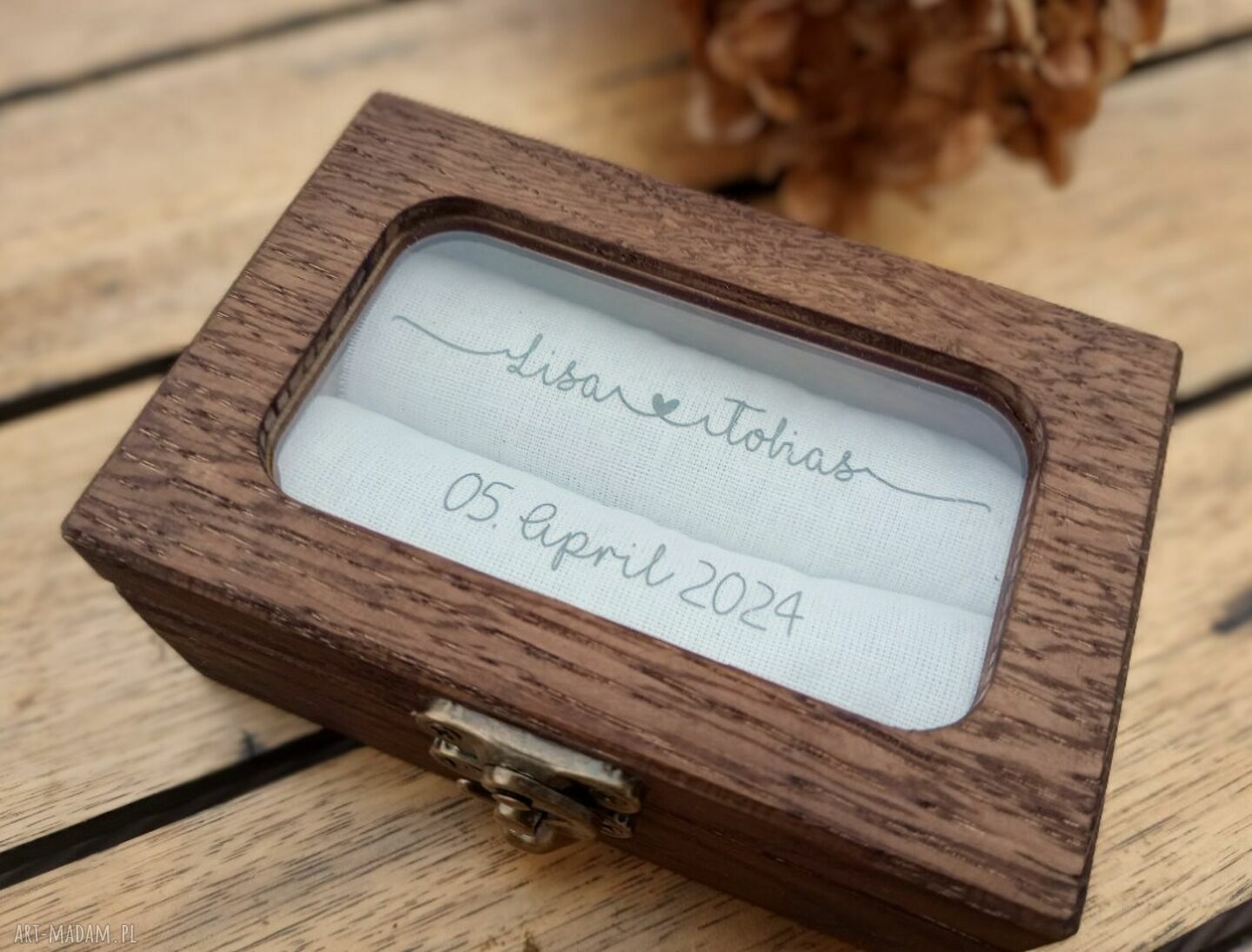 Personalizowane pudełko ślubne na obrączki z okienkiem (PD2) - Tulito, dąb