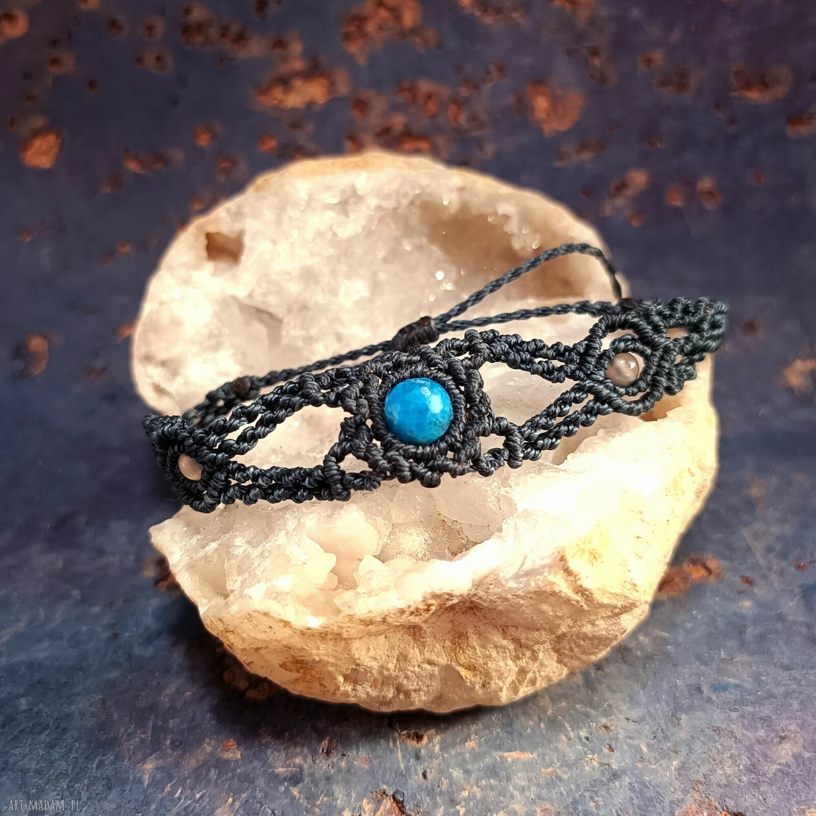 Pulsar - bransoletka z apatytu i agatu w mikromakramie