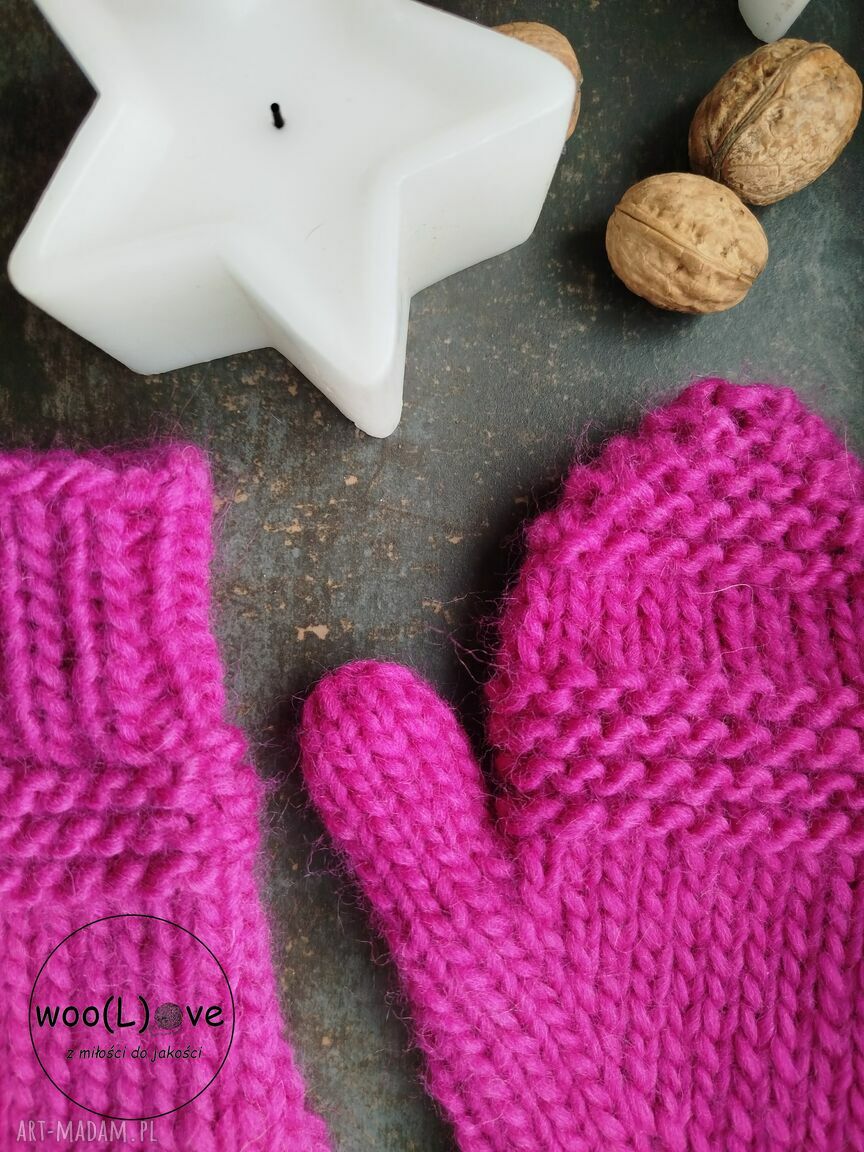 rękawiczki: rękawiczki wełniane ŚNIEŻYNKI neonowy róż Ręczne wykonanie