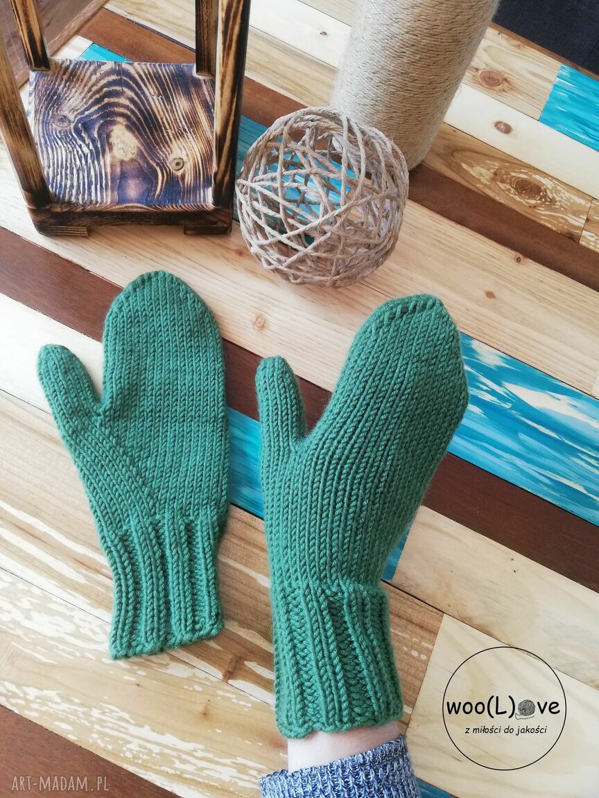 Wełniane rękawiczki merynoski zielony leśny wełna merynosa pure