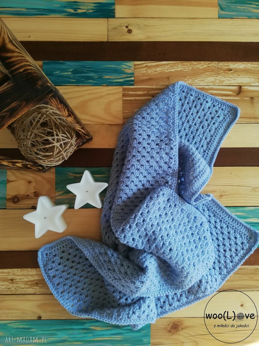 Wełniany kocyk niemowlĘcy babuni błękitny jasny