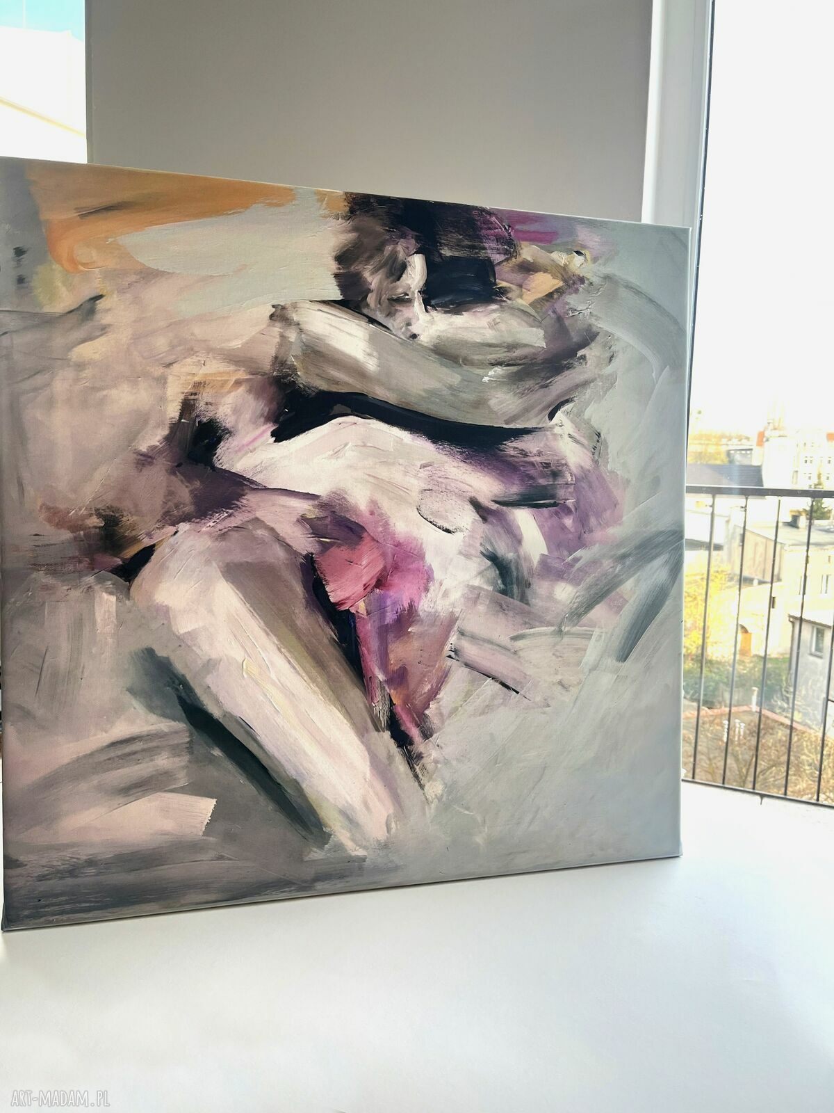 Purple 70x70cm - fioletowy obraz nad łóżko w technice mieszanej