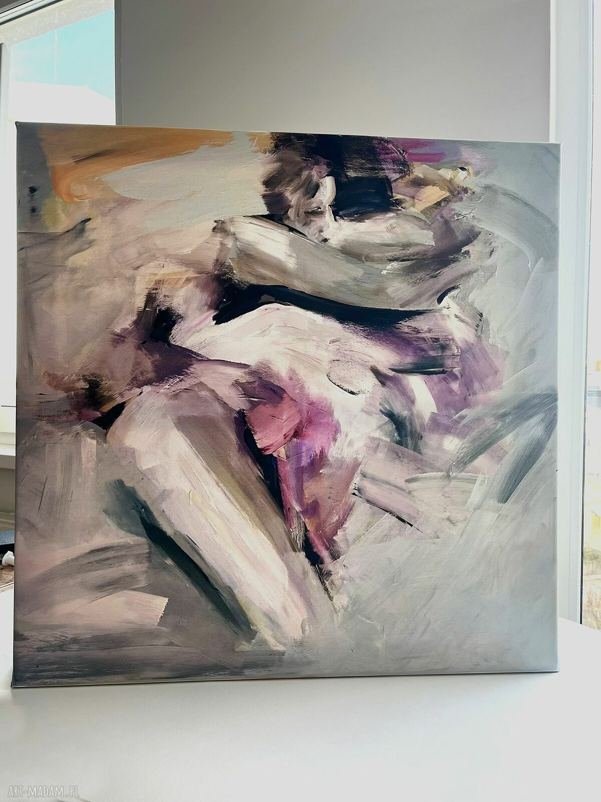 Purple 70x70cm - fioletowy obraz nad łóżko w technice mieszanej