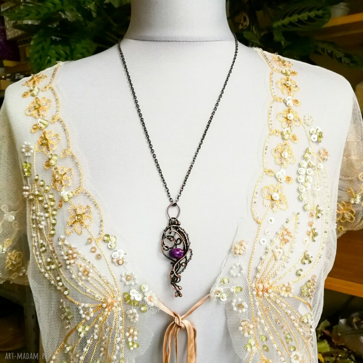 Purple elegance - naszyjnik z jaspisem cesarskim (miedź - wire wrapping)
