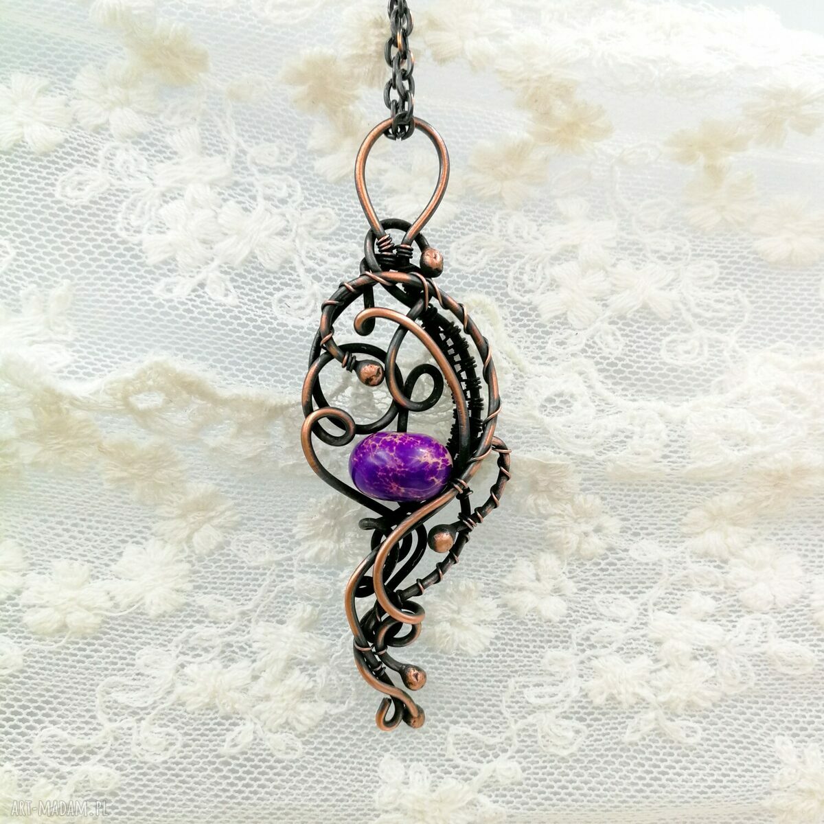 Purple elegance - naszyjnik z jaspisem cesarskim (miedź - wire wrapping)