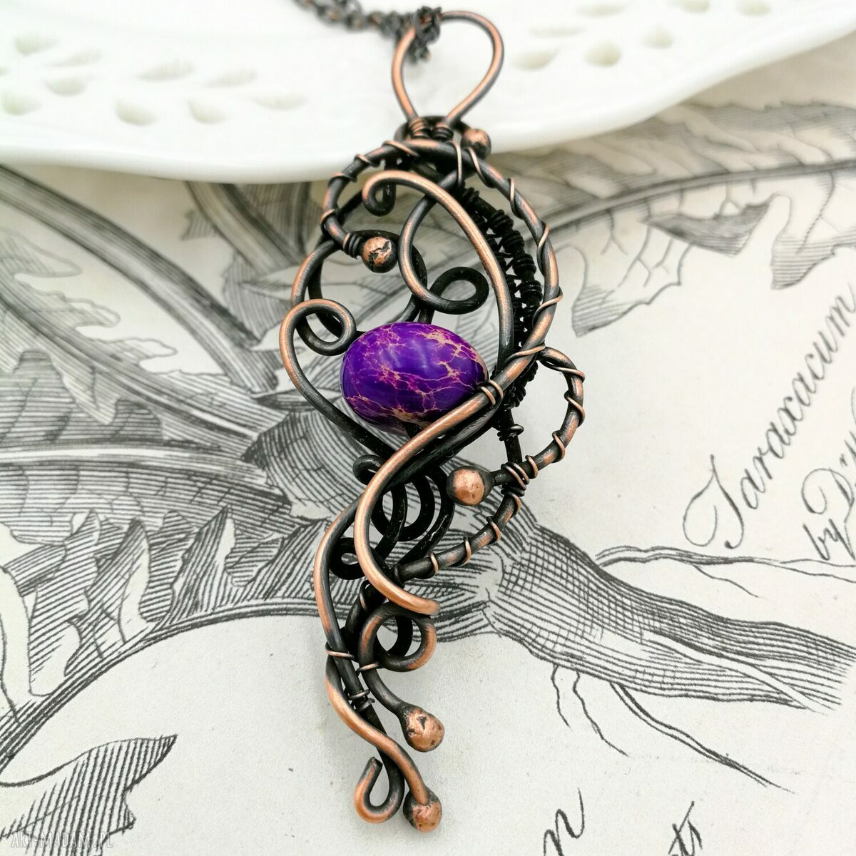 Purple elegance - naszyjnik z jaspisem cesarskim (miedź - wire wrapping)